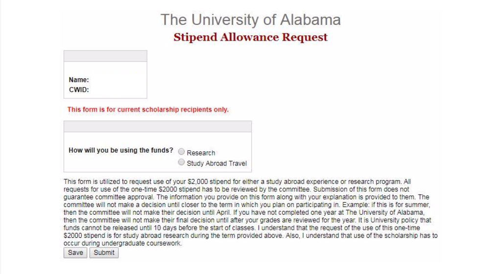 Study Abroad Stipend UA Request form