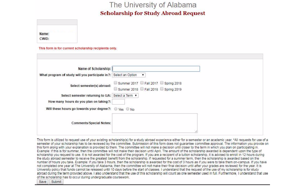 Study Abroad Scholarship UA Request form