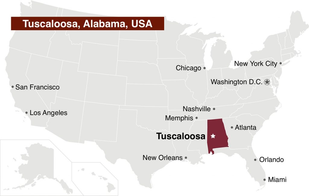 US map showing the location of Tuscaloosa AL