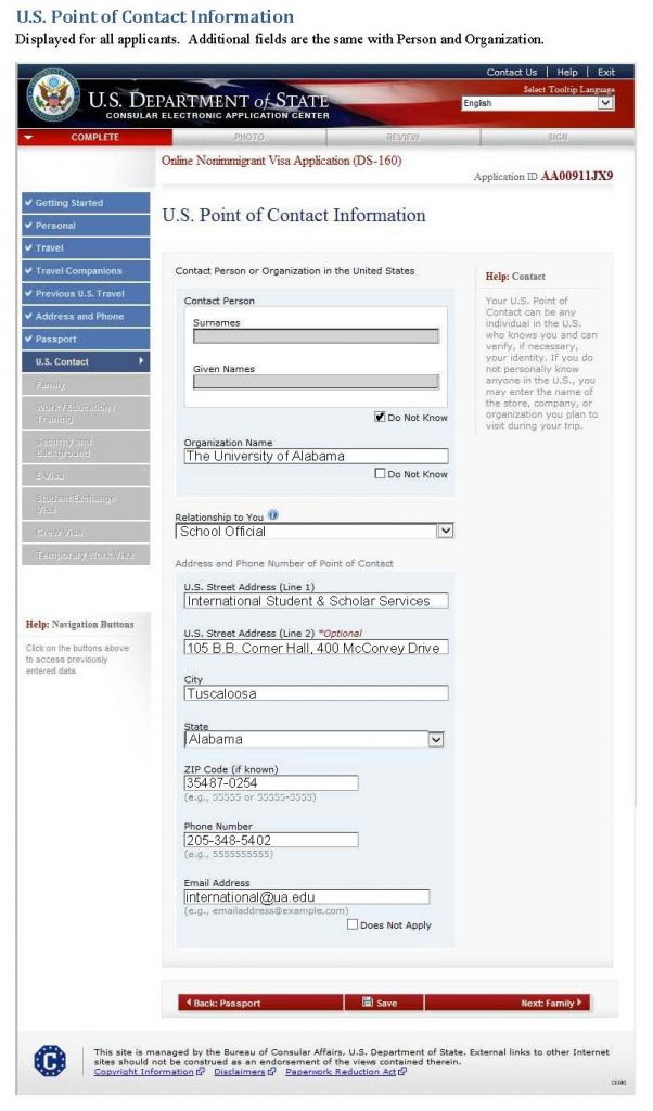 DS-160 US Point of Contact Information