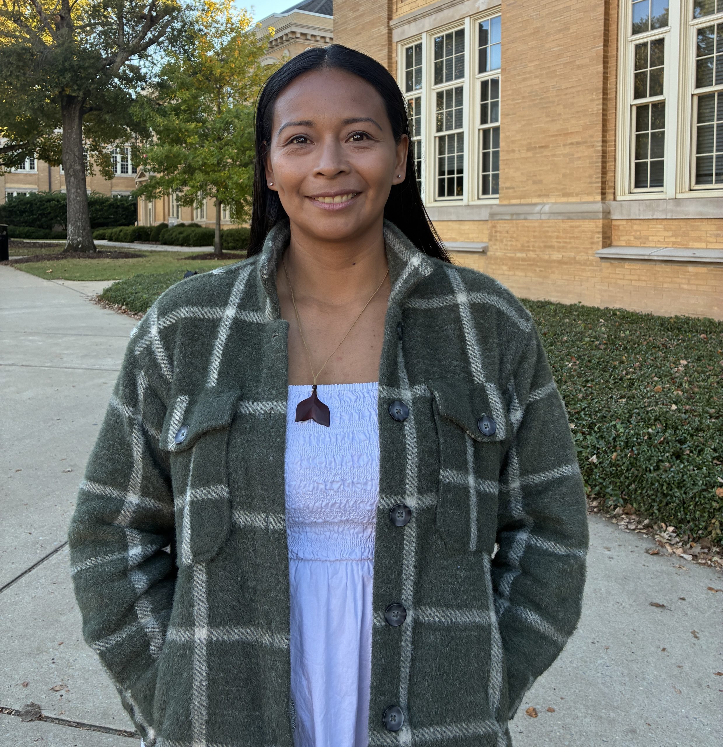 Diana, an ELI student from Colombia in front of BB Comer