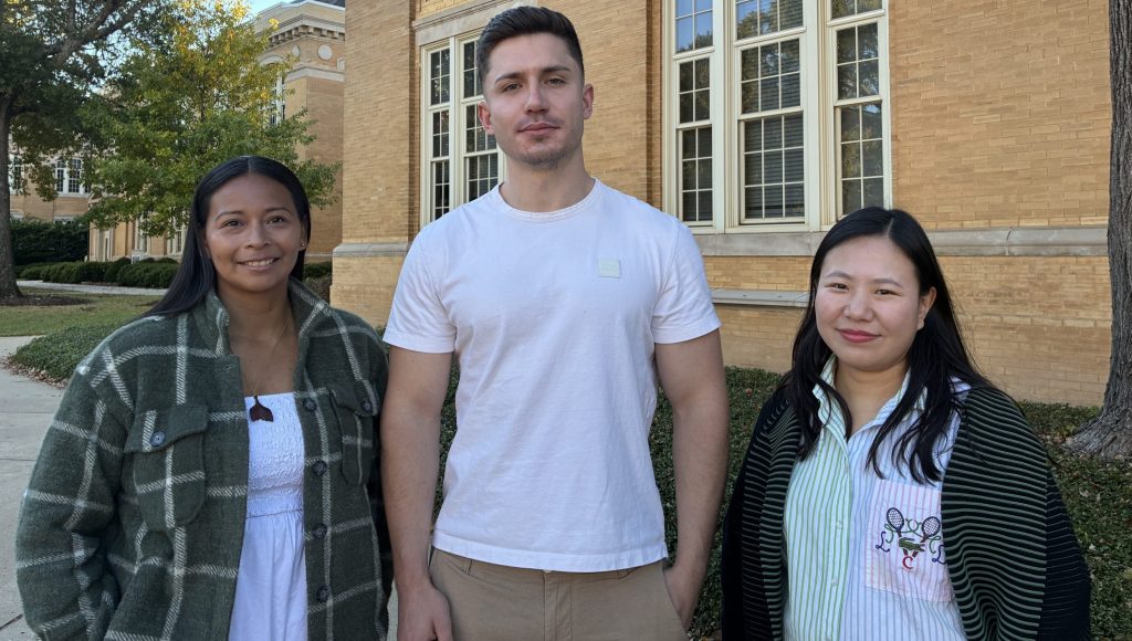 Diana, Dominik, and Jieun, three ELI students in front of BB Comer